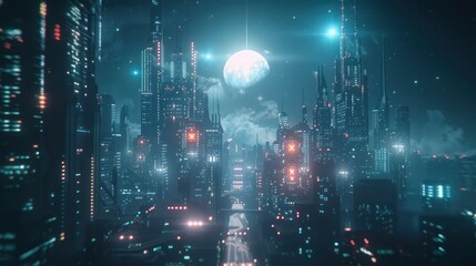 Fototapeta premium Futuristic Cityscape Under a Full Moon