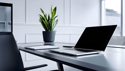 Fototapeta premium laptop in office. laptop with flower pot on table.