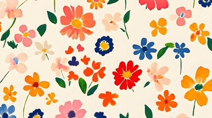 Obraz premium Watercolor Floral Pattern Colorful Flowers and Green Leaves on Cream Background