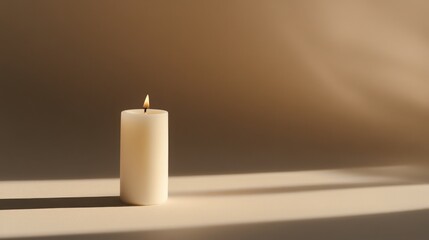 Photograph of a single white candle against an isolated warm beige background. 