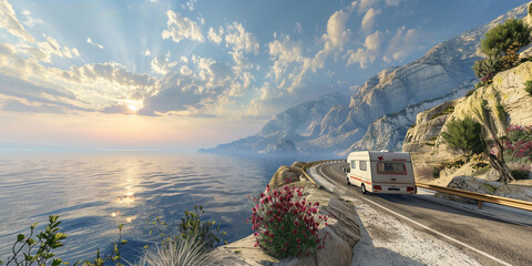 A road leading to the sea with a mountain in the background,
