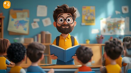 Teacher guiding students through a history lesson, with colorful books and maps in a playful cartoon animation style.