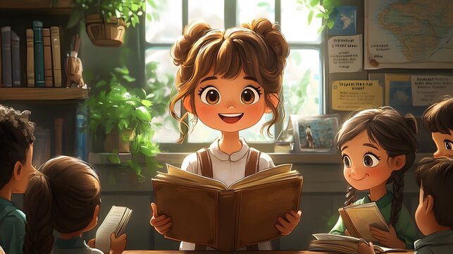 Teacher guiding students through a history lesson, with colorful books and maps in a playful cartoon animation style.