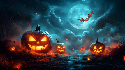Fototapeta premium Spooky scene with glowing jack o lanterns and flying ghosts, set against a moonlit sky with eerie shadows.