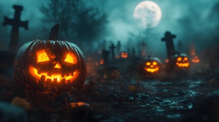 Group of glowing jack o lanterns with scary faces, sitting in a dark, foggy graveyard under a full moon.