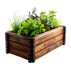 Wooden planter box with various green herbs and plants, ideal for home gardening, decor, and outdoor aesthetics., transparent background