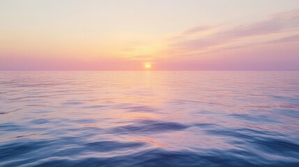 Obraz premium Capture the essence of a serene sunrise over an expansive ocean, where the soft colors of the sky blend with the calm water,