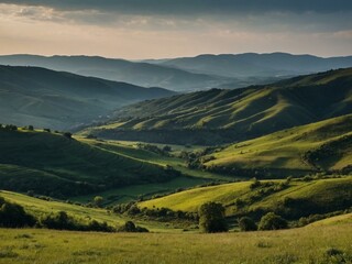 Scenic view over hills and valleys.