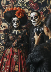 A man and woman, dressed as skeletons for the Day of the Dead, have their faces elaborately painted in vibrant colors resembling sugar skulls. 