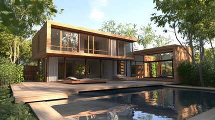 Obraz premium Construct a 3D architectural visualization of a modern, eco-friendly home, highlighting sustainable materials,
