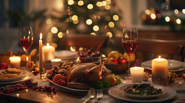 Christmas evening dinner table with festive food and sparkling wine glasses, holiday xmas concept