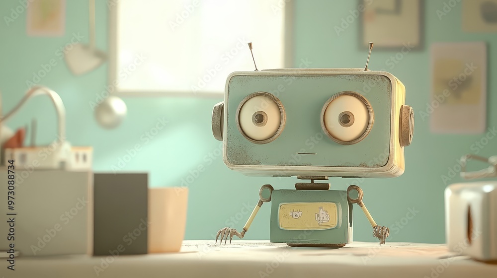 Poster create an animation of a day in the life of a robot, showing its interactions with the world, its me