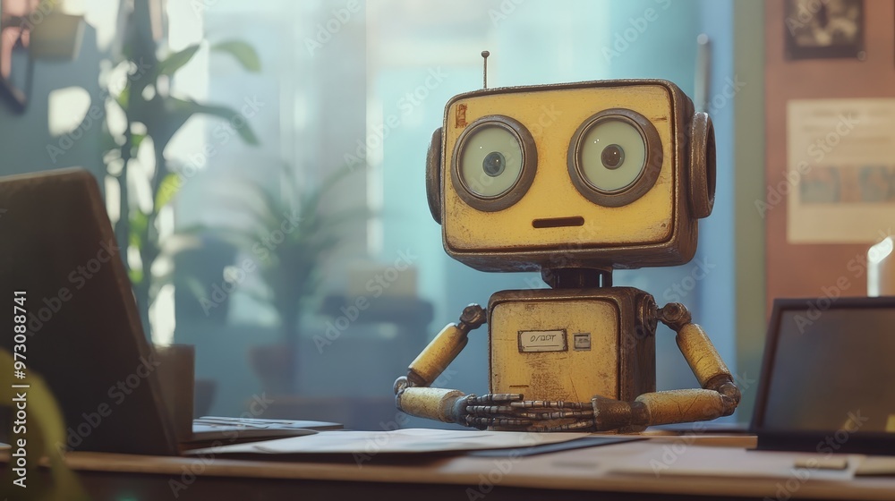 Poster create an animation of a day in the life of a robot, showing its interactions with the world, its me