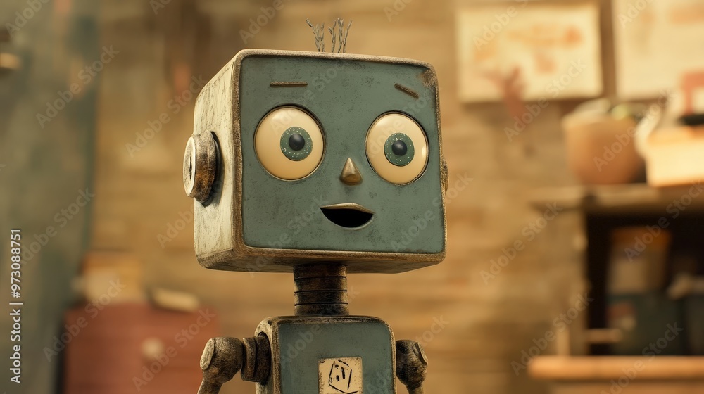 Poster create an animation of a day in the life of a robot, showing its interactions with the world, its me