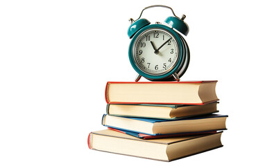 Alarm clock with stack of book on transparent background, png	