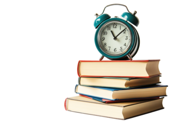 Alarm clock with stack of book on transparent background, png	