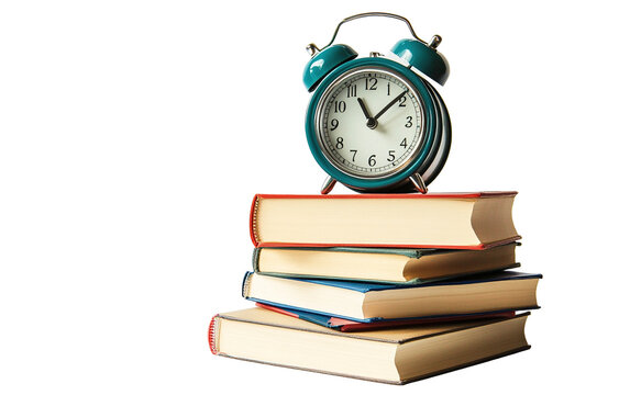 Alarm clock with stack of book on transparent background, png	 - Powered by Adobe