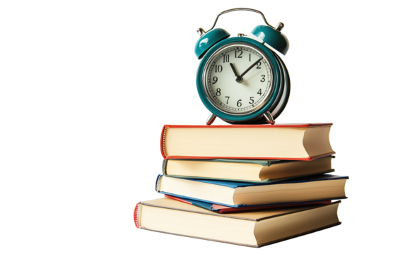 Alarm clock with stack of book on transparent background, png	