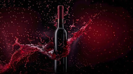 Fototapeta premium Wine Bottle with Red Wine Splash: A wine bottle with a splash of red wine flowing around it. 