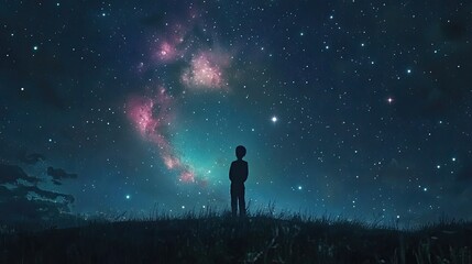 Fototapeta premium Stunning night sky with a galaxy of stars and a silhouette of a person stargazing