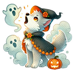 A cute Halloween-themed wolf character howling with playful ghosts and a pumpkin, perfect for festive designs.