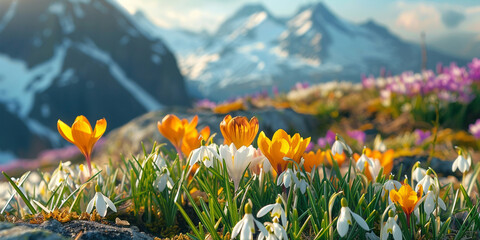 Yellow crocuses bloom on a sunny spring day. Beautiful primroses against a background of shiny white snow. Spring flowers against the backdrop of snowy,
