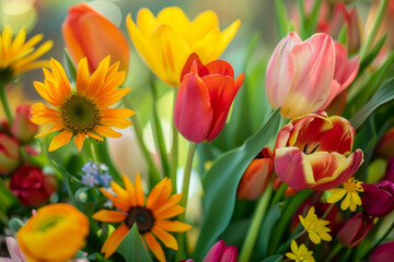 A bouquet of flowers with a variety of colors including yellow, orange, pink