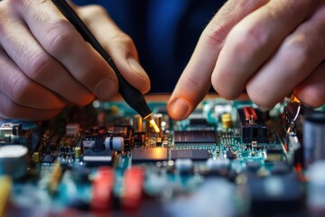 Fototapeta premium Electrician using precision tools on circuit board, close-up