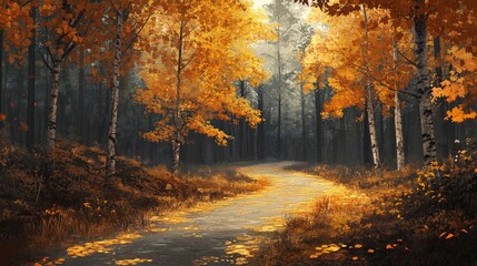 Depict a lone path winding through an autumn forest with trees shedding their golden leaves