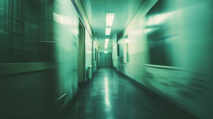 Fototapeta premium Image of empty corridor with green tint, white walls, shiny floor, multiple doors (green and yellow), illuminated by white lights. Impression of past movement hinted by long exposure effect.