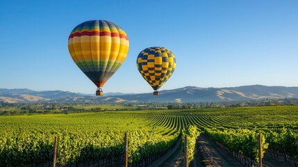 Obraz premium Hot air balloons floating over a valley of vineyards, clear blue sky and rows of green vines below, Warm light, peaceful, natural beauty