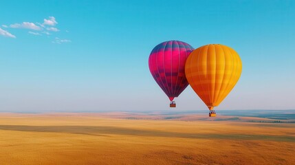 Fototapeta premium Hot air balloons soaring over a vast savanna, the clear sky above and golden grasslands below, Warm tones, bright sunlight, peaceful