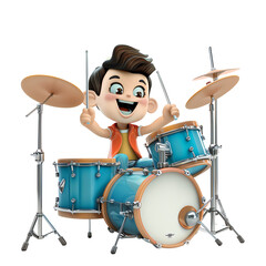 Fototapeta premium A cheerful cartoon boy enthusiastically playing a blue drum set, expressing joy and excitement in music.