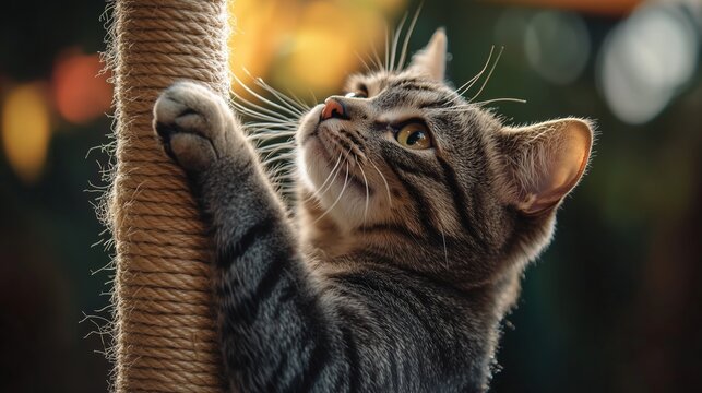 Playful cat climbing a scratching post in a cozy, well-lit room during the afternoon hours, showcasing its playful demeanor