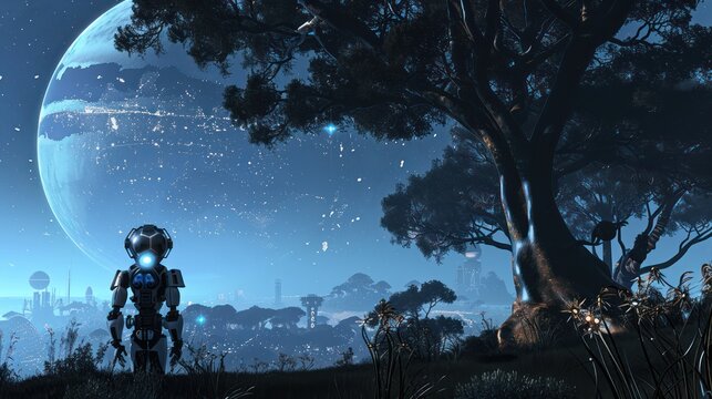Futuristic Robot Gazing at a Distant Planet