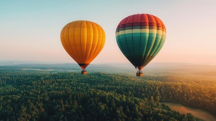 Naklejka premium Vibrant hot air balloons floating over a dense forest, with the treetops stretching out beneath a clear sky, Natural beauty, soft light, vibrant colors