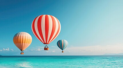 Fototapeta premium A group of hot air balloons floating above a tropical island, clear turquoise waters below, Bright sunlight, clear sky, vibrant colors