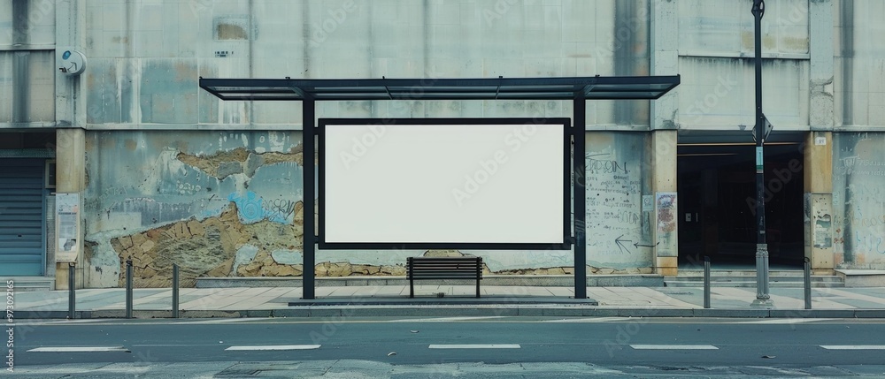 Wall mural image shows an empty bus stop with a large white billboard, two benches, and graffiti on the buildin