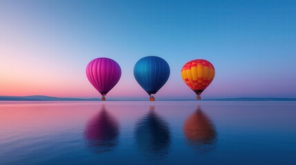 Fototapeta premium Vibrant hot air balloons drifting over a calm lake at dawn, the water reflecting the clear sky, Tranquil, soft light, serene atmosphere