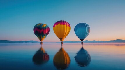 Fototapeta premium Vibrant hot air balloons drifting over a calm lake at dawn, the water reflecting the clear sky, Tranquil, soft light, serene atmosphere