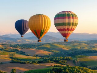 Colorful hot air balloons drifting over a lush green valley, with a clear sky and distant mountains, Natural beauty, bright light, serene atmosphere