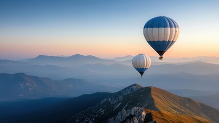 Hot air balloons soaring above a mountain range at sunset, the sky fading from blue to orange, Warm tones, peaceful atmosphere, bright colors