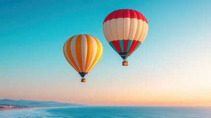Fototapeta premium Hot air balloons soaring above a coastal town, clear sky and ocean waves rolling below, Bright sunlight, vibrant colors, peaceful