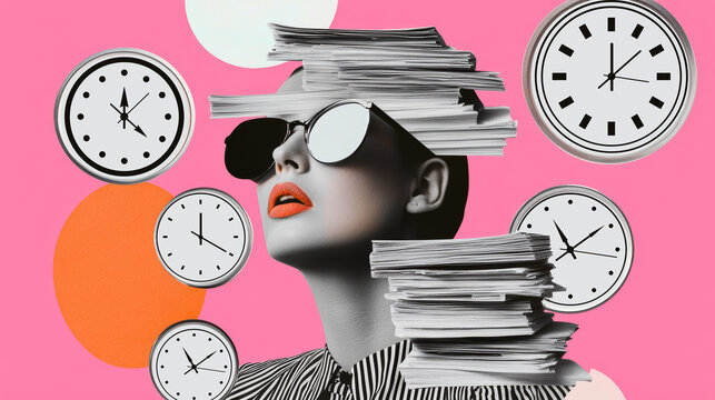 A modern collage of a woman with stacks of paperwork and ticking clocks spiraling around her, evoking feelings of overwhelm and urgency