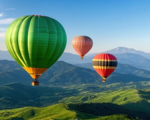 Obraz premium A group of hot air balloons soaring over a lush green valley, clear sky above and mountains in the distance, Natural beauty, soft light, peaceful