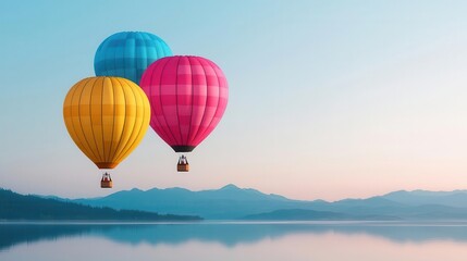 Obraz premium A cluster of vibrant hot air balloons floating above a calm lake, reflected on the water s surface, Clear sky, soft lighting, pastel hues