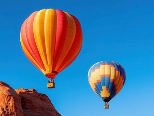 Fototapeta premium Vibrant hot air balloons floating over a desert canyon at midday, the clear blue sky creating sharp contrasts with the red rocks, Dramatic landscape, bright sunlight