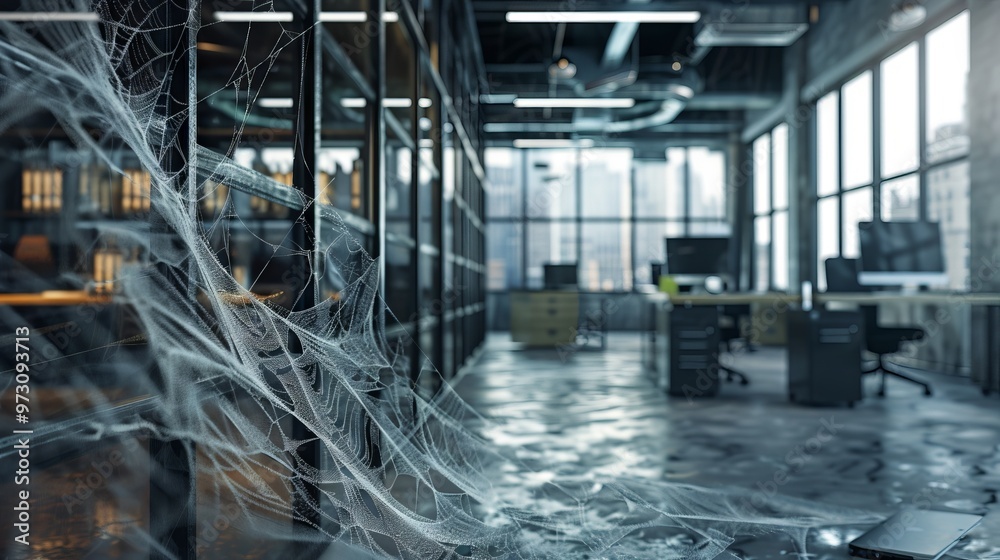 Poster a spider web is seen in a large office space with a lot of windows