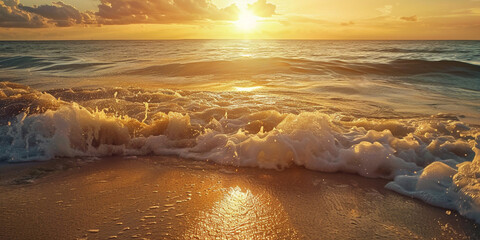 Serene sunset over the ocean with elegant curved waves warm golden light and peaceful beach,
