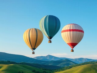 Fototapeta premium Colorful hot air balloons floating over a serene landscape, clear blue sky, rolling green hills, Calm atmosphere, soft sunlight, bright colors